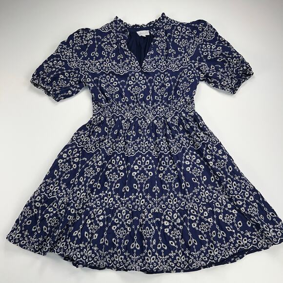 Sugarlips Rosie Eyelet Floral Split V-Neck Mini Dress Navy Blue-White Size M - Picture 7 of 13